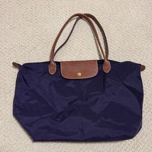 Dark Purple Longchamp Tote Bag with Brown Accents